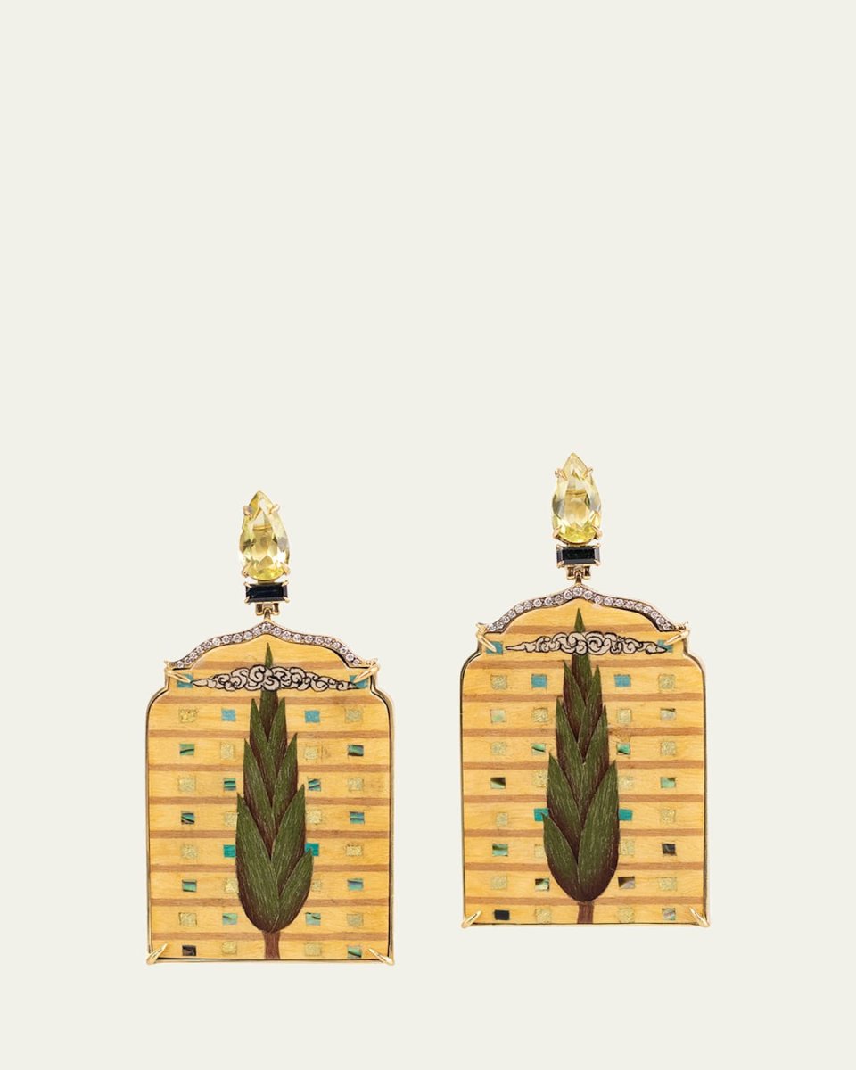 Marquetry Tree on Window Earrings with Diamonds and Sapphires